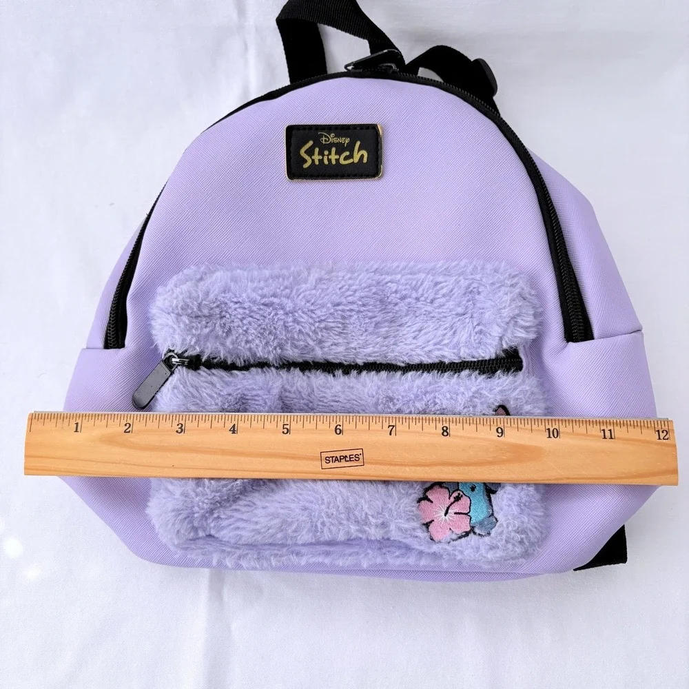 Disney Lilo & Stitch Mini Backpack Purple Furry Plush Pocket Embroidered Stitch